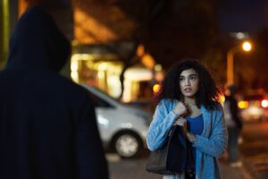 Young women looking anxious out at night